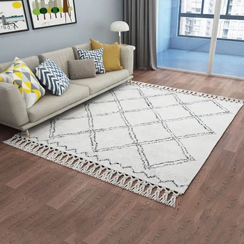 

Morocco Style Handmade Geometric Plaid Pattern Living Room Rug Turkey Beige White Home Decoration Bedroom Carpet With Tassel