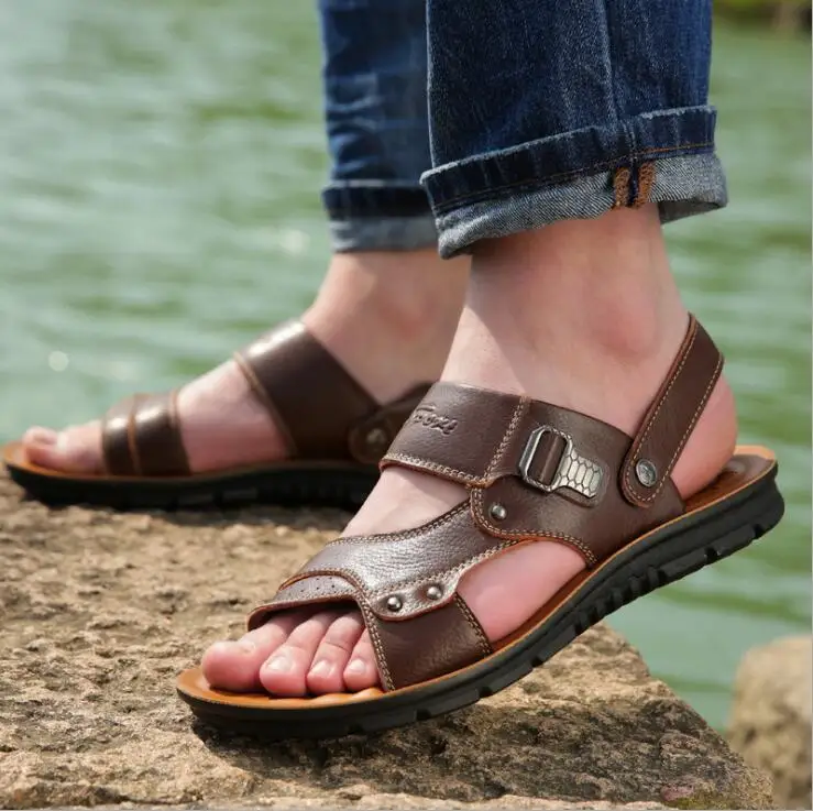 2018 summer new men's leather sandals leather beach shoes men's casual ...