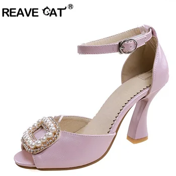 

REAVE CAT New Summer style Ladies shoes Woman sandal High heels Hoof heels Pearl Peep toe Solid White Purple Pink Party shoes