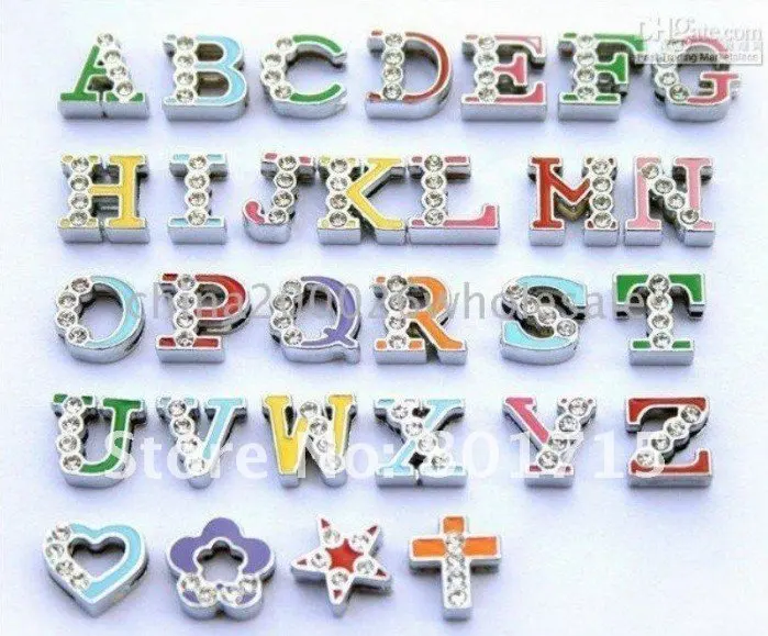

Wholesale 130pcs mix color Internal Dia. 8mm Colored DIY Slide letter Half rhinestone zinc alloy ENGLISH alphabet letter Charm