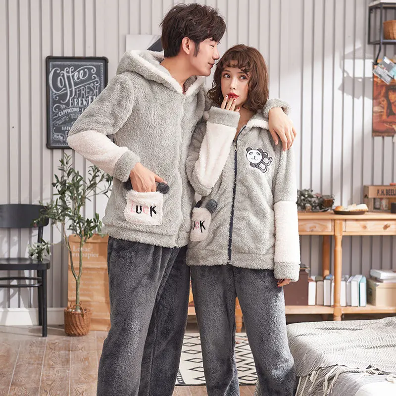 

JINUO New Arrival Winter Young Couples Coral Fleece Thicken Pajama Sets Lovers Cartoon Bear Warm Soft Home Wear Sleepwear Set