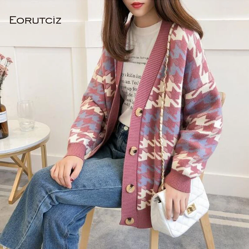 

Winter Oversize Cardigan Women Sweater Plaid Knitting Jacket Casual Autumn Top Long Sleeve Warm Basic Coat LM065