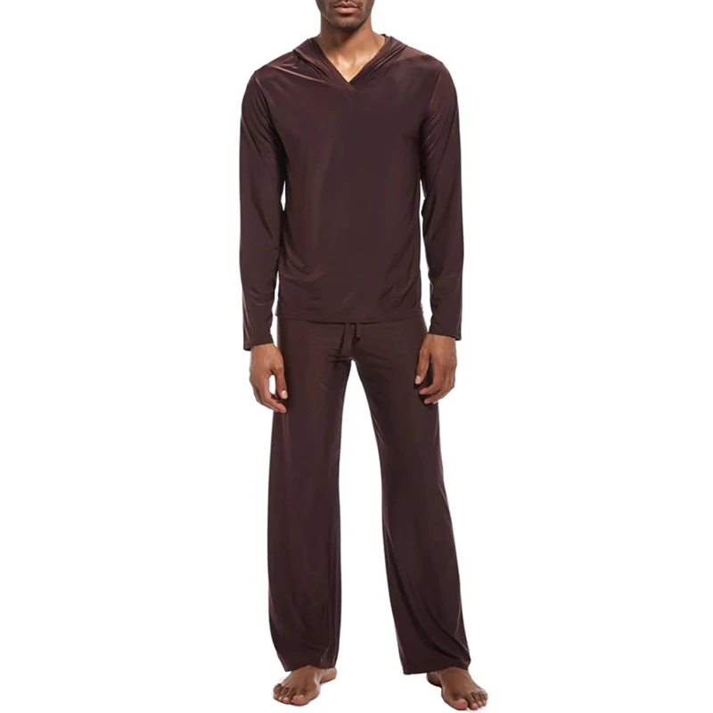 Мужская шелковистая пижама с длинными рукавами и капюшоном, топ и штаны для отдыха, домашняя одежда для сна, одежда для йоги - Цвет: Coffee