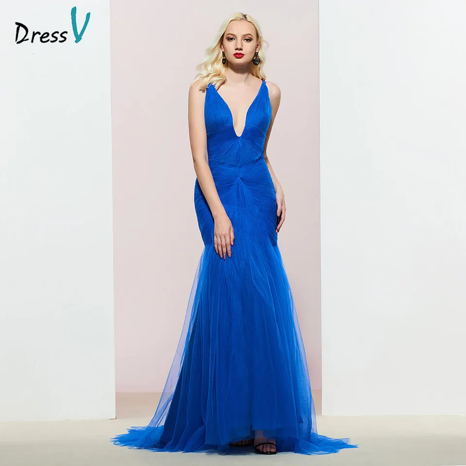 Dressv Королевский синий вечернее платье v образным вырезом Плиссированное без рукавов Русалка Длина до пола свадебное вечернее платье es
