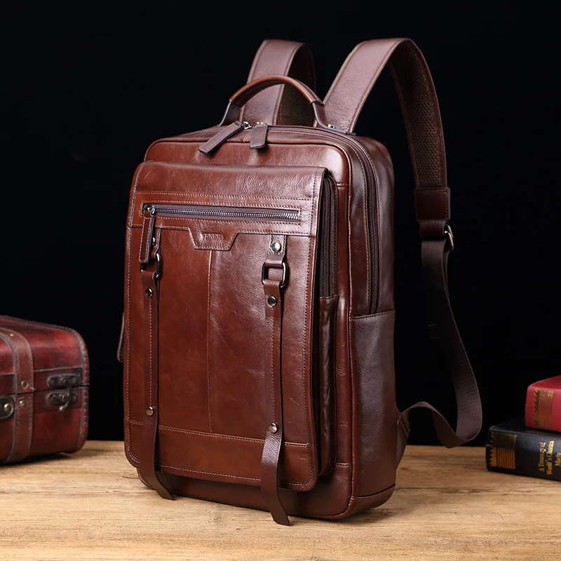 

New Genuine leather Men backpack retro casual 15" laptop bag fashion male large capacity travel shoulder Bag business