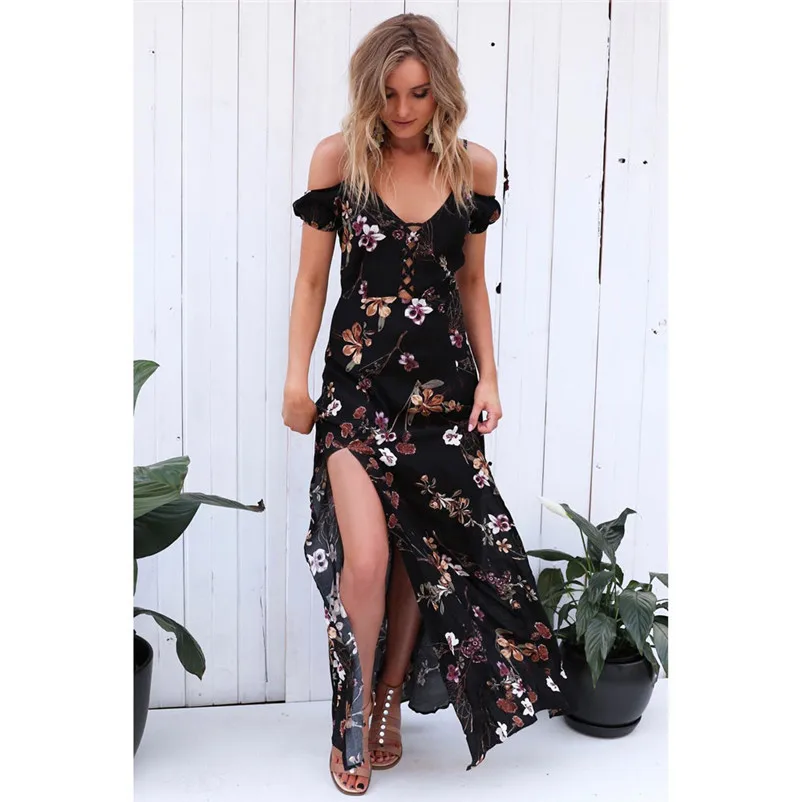 2018 HOT sell Dress summer beach dress Women Vintage Boho Long Maxi Evening Party black dress Floral Sundress robe femme J07#N (2)
