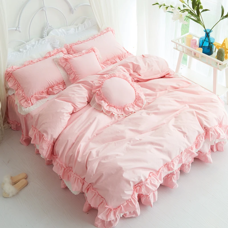 cheap Luxury Pink Bedding set King Queen size Sweet Princess big ruffle Bed Skirt Wedding Decorative duvet cover bed sheet pillowcases
