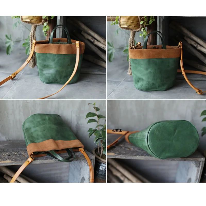 AETOO The first layer of soft cowhide green bucket bag retro small fresh women's bag summer new color leather small bag