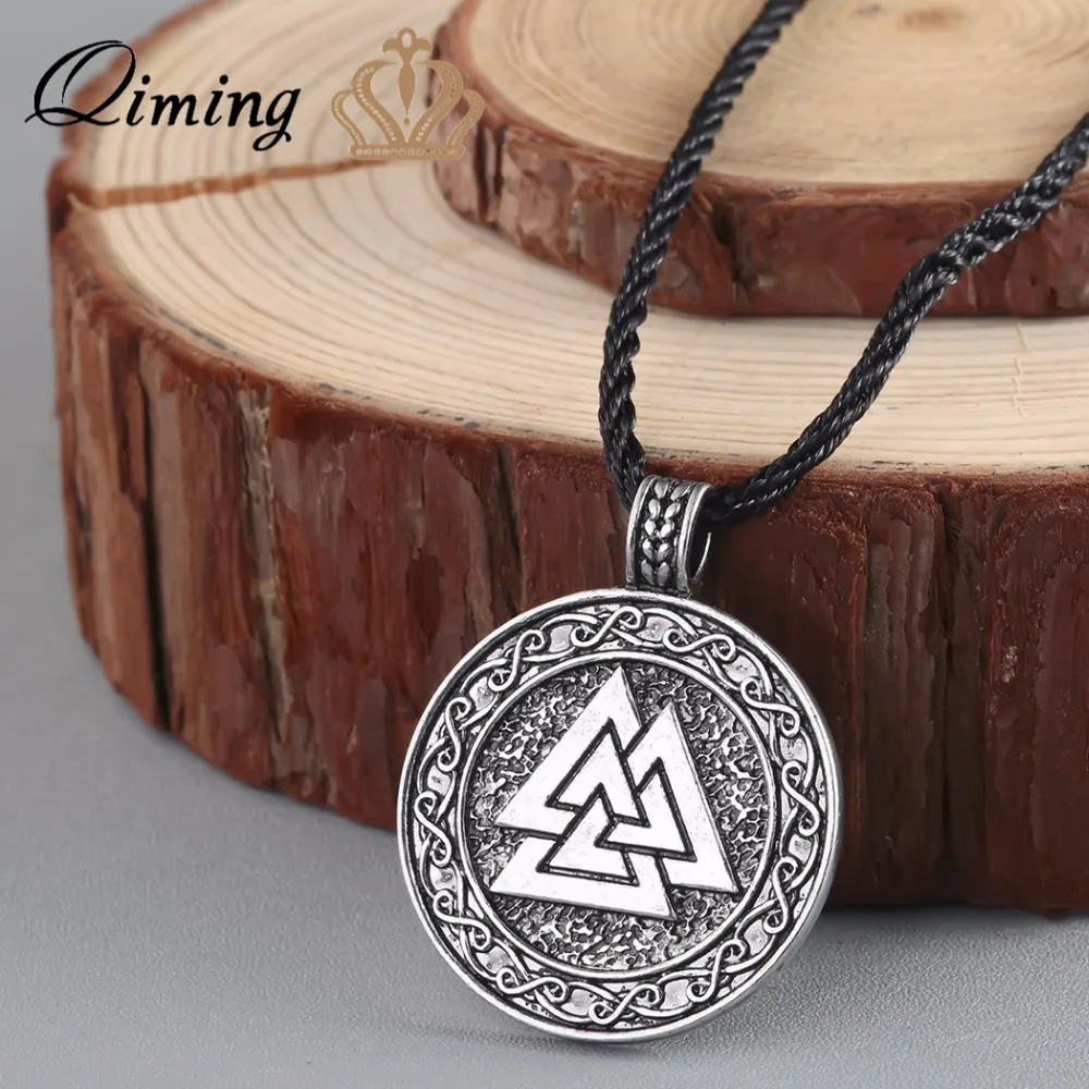 

QIMING New Design Fashion Nodic Vikings Runes Pendant Black Necklace Valknut Original Amulet Pendant Necklace Talisman