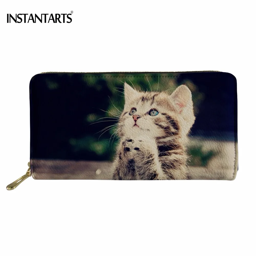 

INSTANTARTS Cute 3D Animal Cat/Kitten/Pug Dog Printing Woman Long PU Leather Wallet Fashion Brand Credit Card Holder Large Purse
