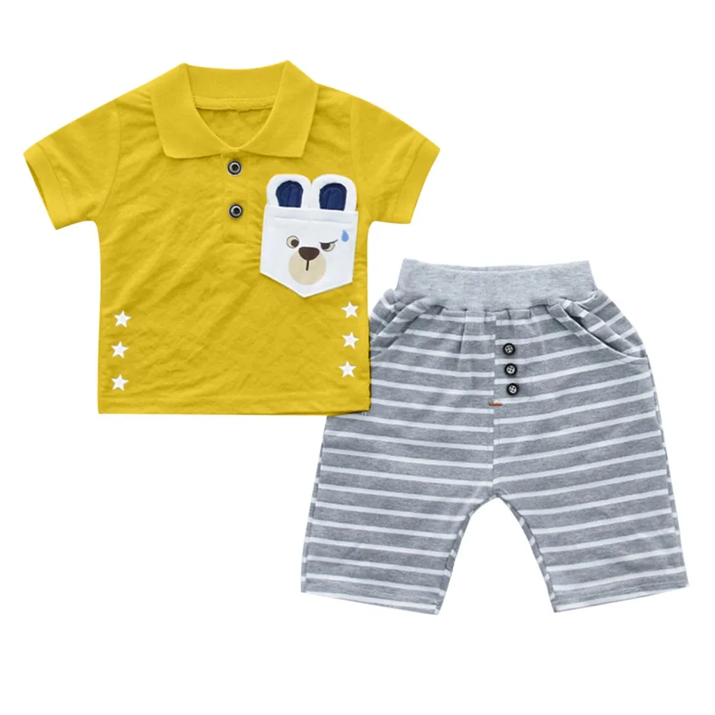 MUQGEW комплект для малыша, Детские джентльменские комплекты короткий рукав с принтом медведя верхняя кнопка футболка в полоску и шорты, комплект из двух предметов vestiti bimba# y2