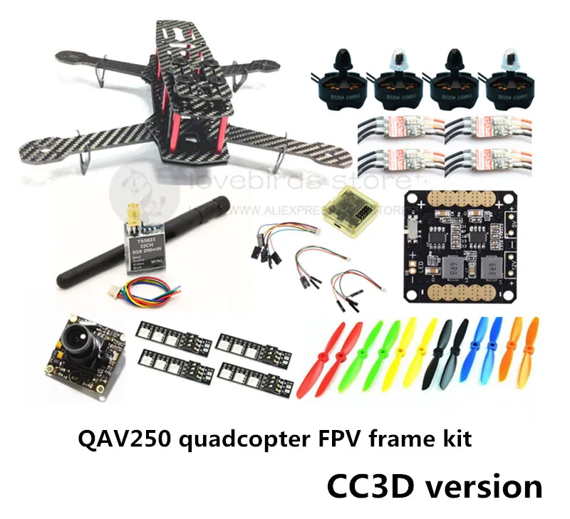 

DIY mini drone QAV250 pure carbon FPV frame kit D2204 + Red Hawk BL20A ESC OPTO + NAZE32 / CC3D + 700TVL mini camera + TS5823