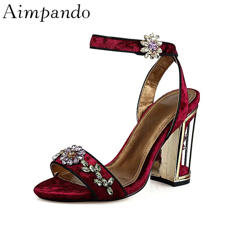 

Retro Handmade One-strap Gladiator Sandals Women Fretwork Heel Crystal Flower Wedding Shoes Sexy Velvet Summer Sandalias