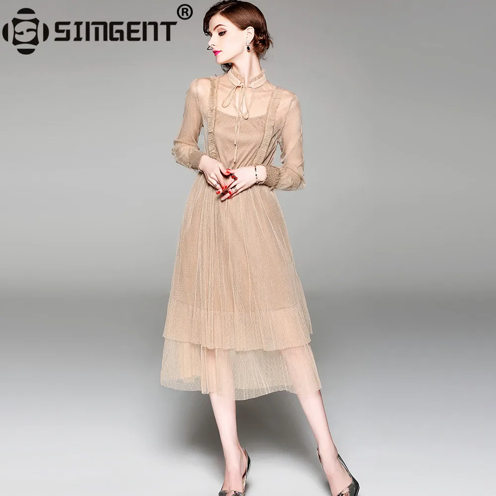 

Simgent New Women Summer Vintage Elegant Office Party Casual Long Sleeve Ruffle See Through Mesh Dresses Vestidos Jurken SG84282