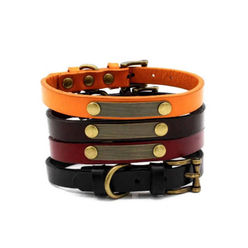 

4 Colors Nameplate ID Collars Personalized Custom ID Dog Pure Copper Lettering Dog Collar Head Layer Leather Retro Pet Collar