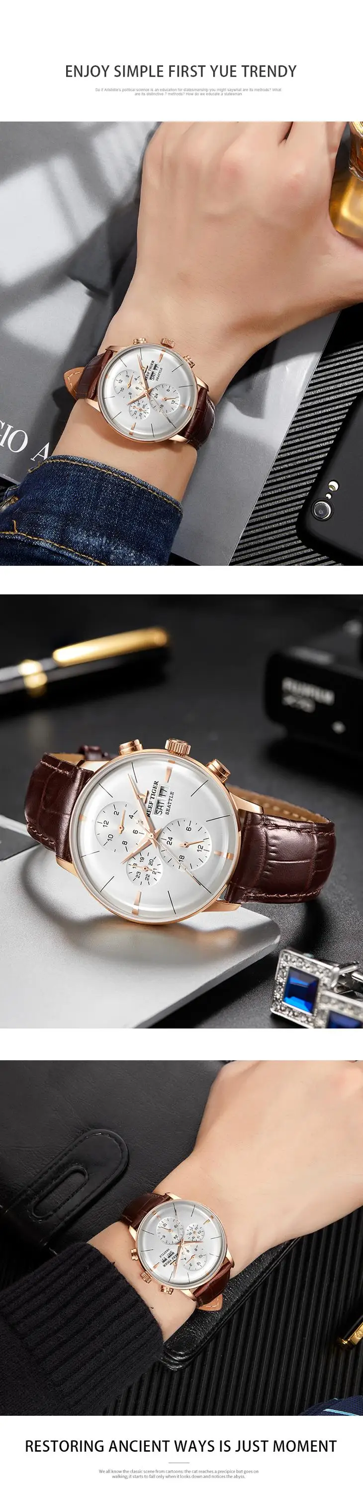 Риф Тигр/RT Топ бренд класса люкс автоматические часы Reloj Hombre многофункциональный кожаный ремешок Розовое золото модные часы RGA1699