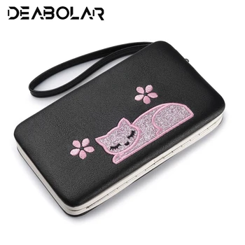 

2019 New original leather Korean Cartoon Cute Long Female wallet Embroidery Kitten Large capacity Handbag women's purse