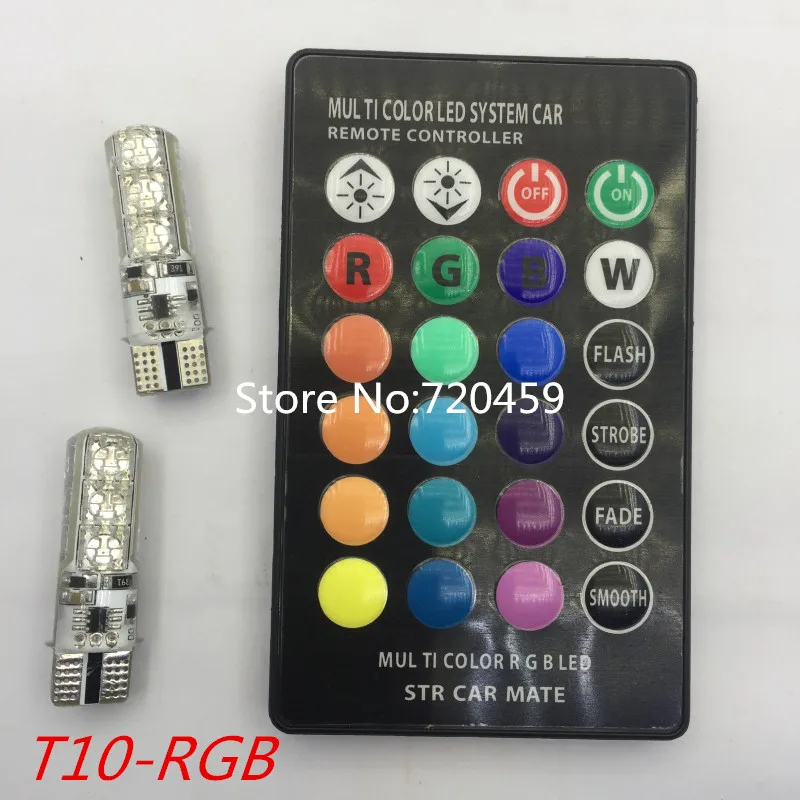 

1 Set 2pcs T10 RGB Light 5050 SMD Colorful LED Car Interior Wedge Side Lamp Bulb Strobe with 1pcs Wireless Remote RGB Controller