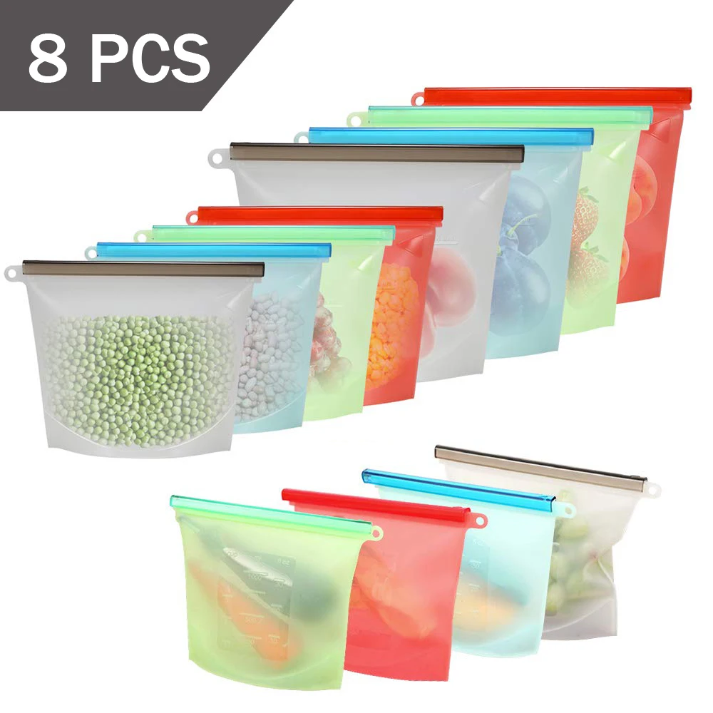 

1000ml 1500ml Reusable Silicone Storage Bag Silicone Food Storage Bags For Food Seal Ziplock Freezer Cooking Fresh Bags 8pcs/set