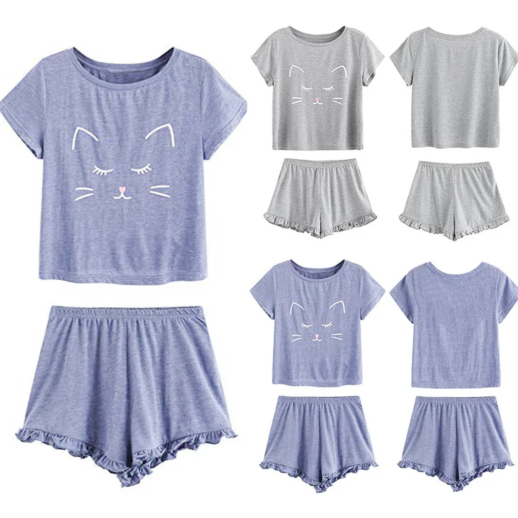 

Women's Lovely Cat Nightwear Set Casual Shorts Short Sleeve Ruffled T-Shirt Sleepwear Suit Crew NECK Woman Clothes Sexy Pajamas