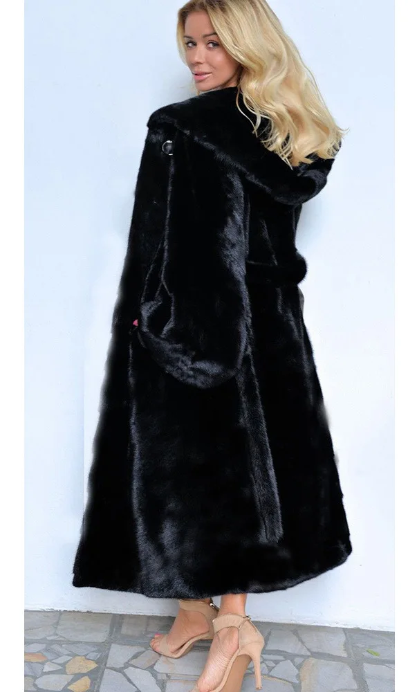 

Fashion black faux fur coat women's fur coat and cap coat