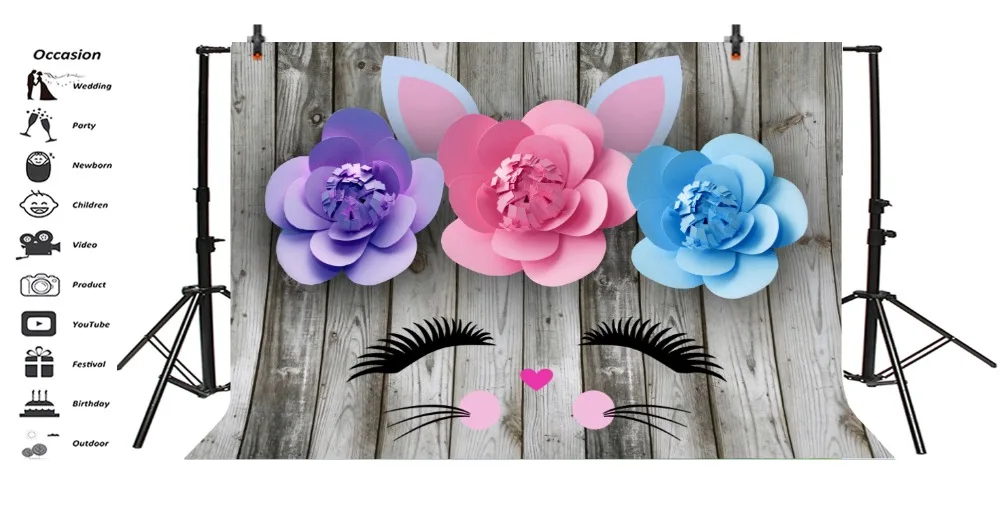 Laeacco Unicorn Backdrops Wooden Board Flower Birthday Doll Child Portrait Photographic Backgrounds Photocall Photo Studio