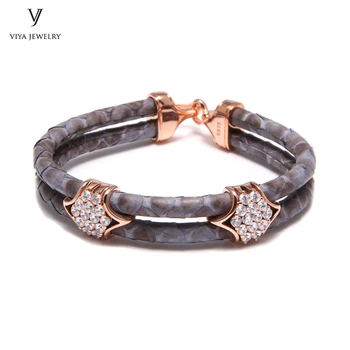 

Genuine Python Leather Bracelet & Charming Real Silver Hardware Grey Python Cords Men Bracelets Luxury Friendship Gift With Box