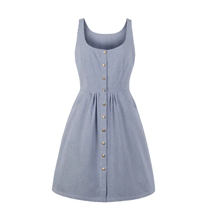

Joansam 2019 Summer Sleeveless Women Stripe Print Vintage Metal Button Pockets Retro Dress Pin Up Rockabilly Swing 60s Vestidos