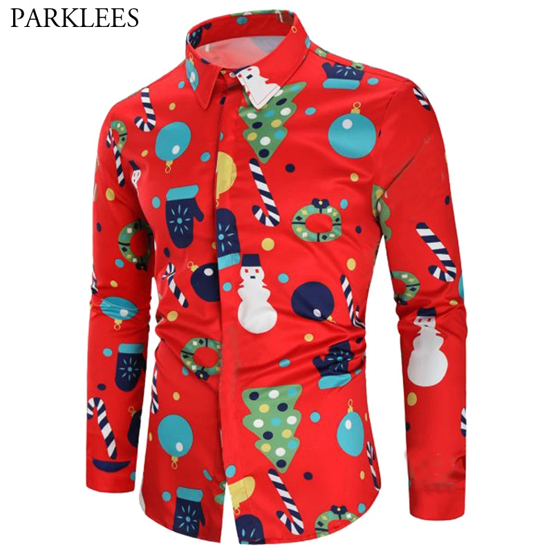 

Merry Christmas Red Blouse Man 2018 Fashion Christmas Tree Golves Snowman Print Long Sleeve Shirt Male New Year Chemise Homme