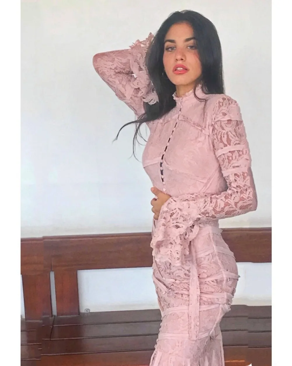 

2018 New black pink Elegant Women Lace dress Turtleneck long sleeve Bandage dress Vestidos celebrity evening Party dresses