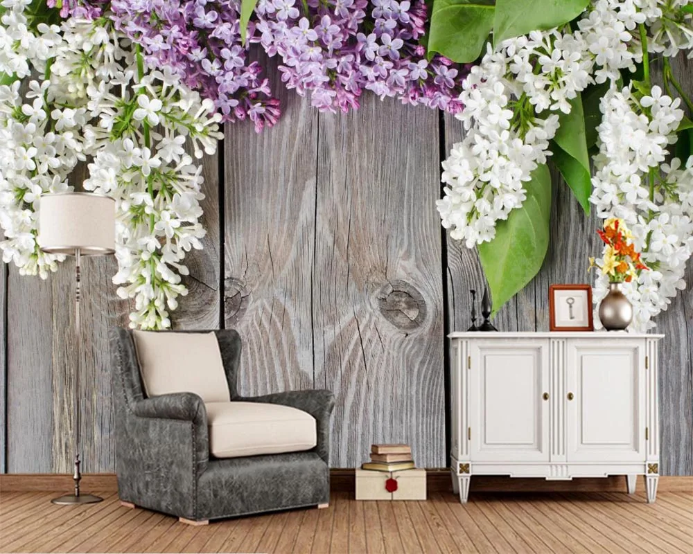 

Papel de pared Lilac Wood planks Flowers 3d wallpaper,living room sofa TV background bedroom kitchen restaurant bar cafe murals