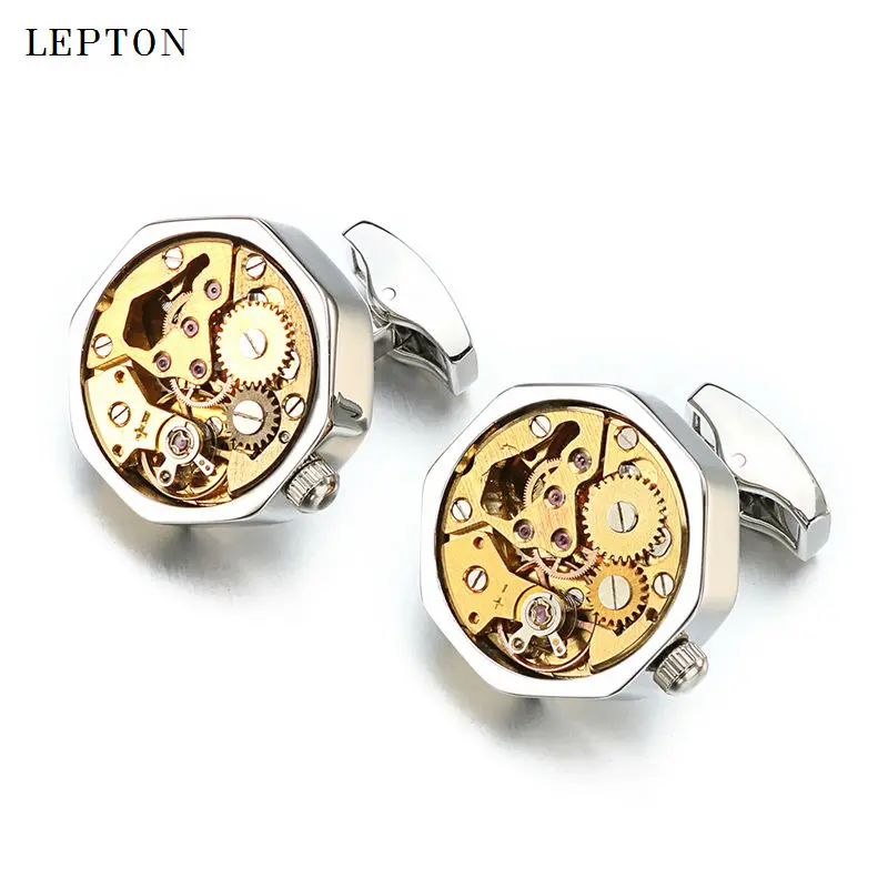 

Hot Sale Non-Functional Watch Movement Cufflinks for mens Don't Move Stainless Steel Steampunk Gear Watch Mechanism Cuff links