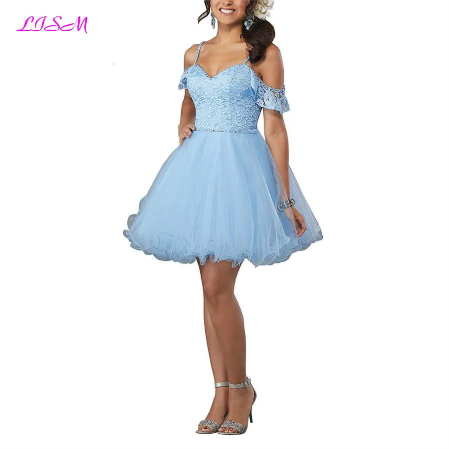 

Sweetheart Off Shoulder Lace Short Ball Gown Empire Sleeveless Prom Dresses Above Knee Mini Organza Graduation Gown Vivid Dress
