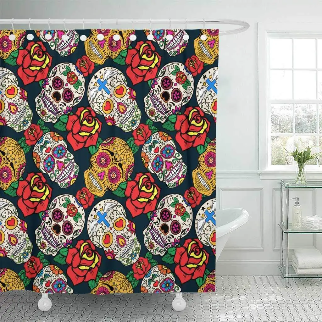 

Shower Curtain with Hooks Colorful Tattoo with Sugar Skulls and Roses Dead Day Dia De Los Muertos Calavera Death Bathroom Decor