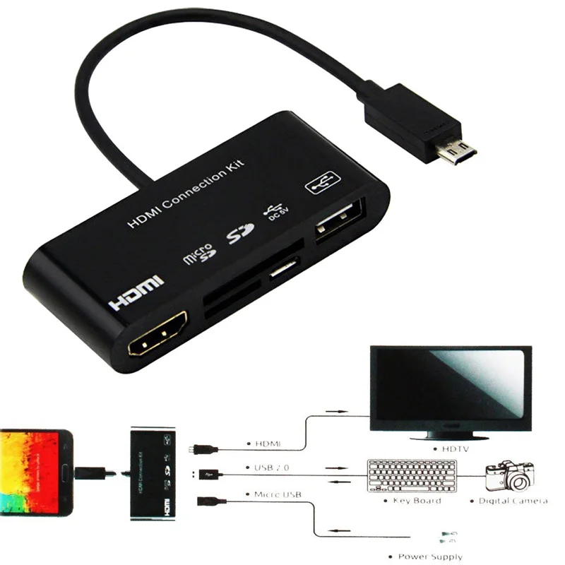 

5 in 1 Micro-11p 11 Pin Micro USB to HDMI Converter Cable Connection Kit OTG SD TF M2 Card Reader 2.0 Host HDTV AV HUB Adapter