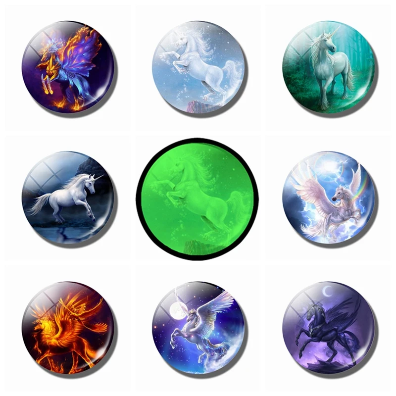 

Unicorn 30 MM Glass Refrigerator Magnet Luminous Fridge Magnets Animals Glowing At Night Home Decor DIY Round Magnetic Sticker