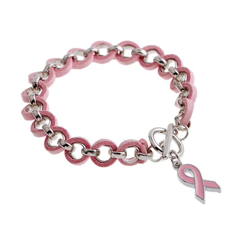 Розовый кожанный браслет для женщин раковые браслеты для пробуждения груди сплав амурная лента тканый кожаный браслет, женская бижутерия