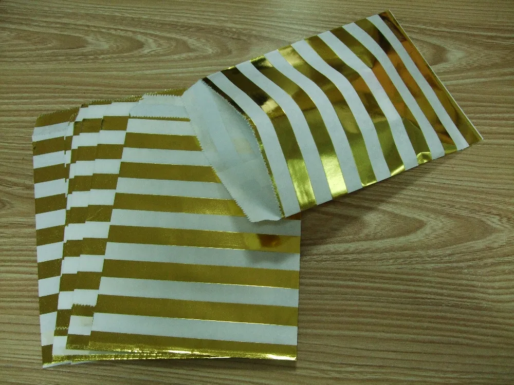 Us 15 29 Lowest Free Shipping 100pcs Foil Gold Candy Bags In Stripes Paper Popcorn Snack Wring For Wedding School Party Gift