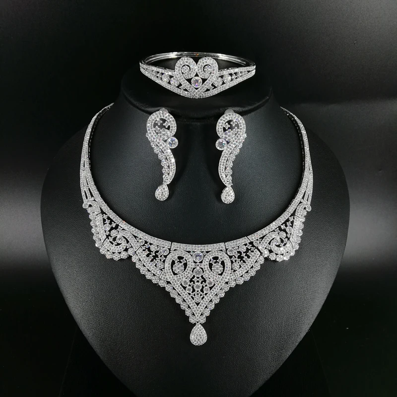 

2019 new fashion luruxy crystal CZ zircon necklace earring bracelet ring jewelry set wedding bride banquet dressing jewelry set