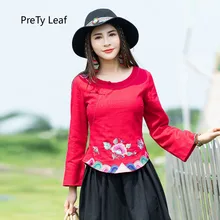 Этнический стиль женский Осень Круглый воротник тонкий хлопок и лен вышитые футболка с длинным рукавом