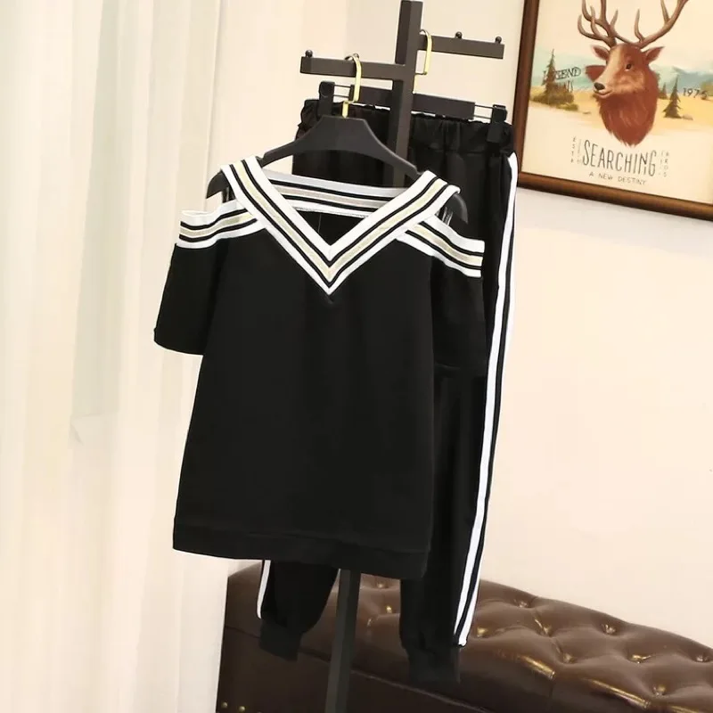 

Ubetoku 2018Spring Summer Women T-shirt and pants stripe patchwork off shoulder V-neck plus size women two sets(TZ3)