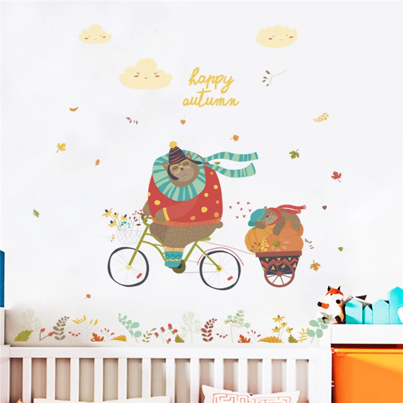 

autumn bear riding bicycle wall stickers for kids rooms home decorations cartoon animals wall decals pvc mural art diy posters