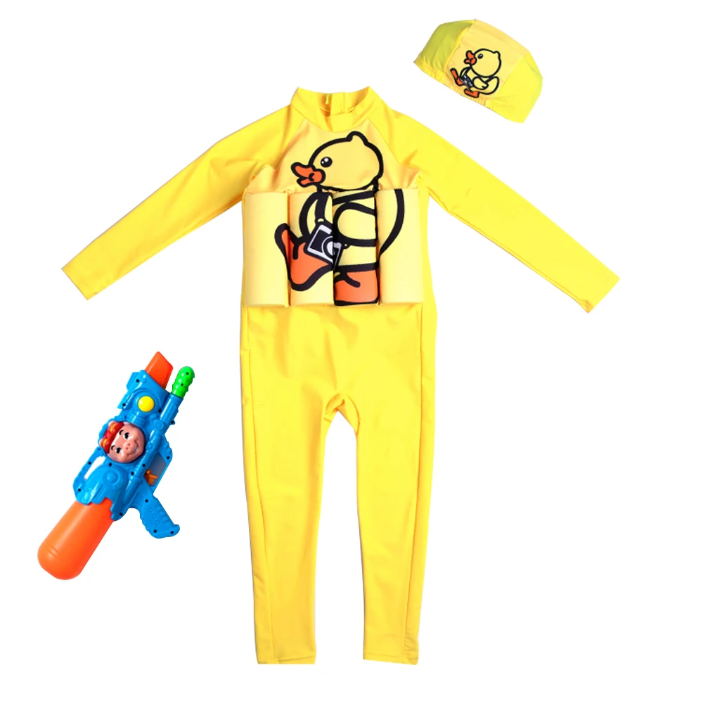 

Duck Yellow Full Body Children Swimsuit One Piece Kids Girl Long Sleeve UPF 50+ Protective Float Swimsuit With Caps Swimwear