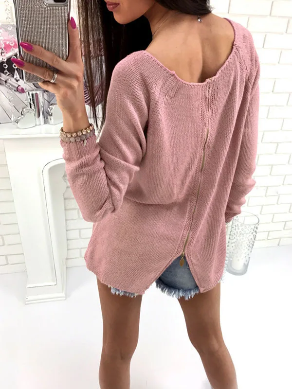 

women sweaters 2019 winter hot sale sexy computer knitted back zipper backless girl fashion solid button sweaters