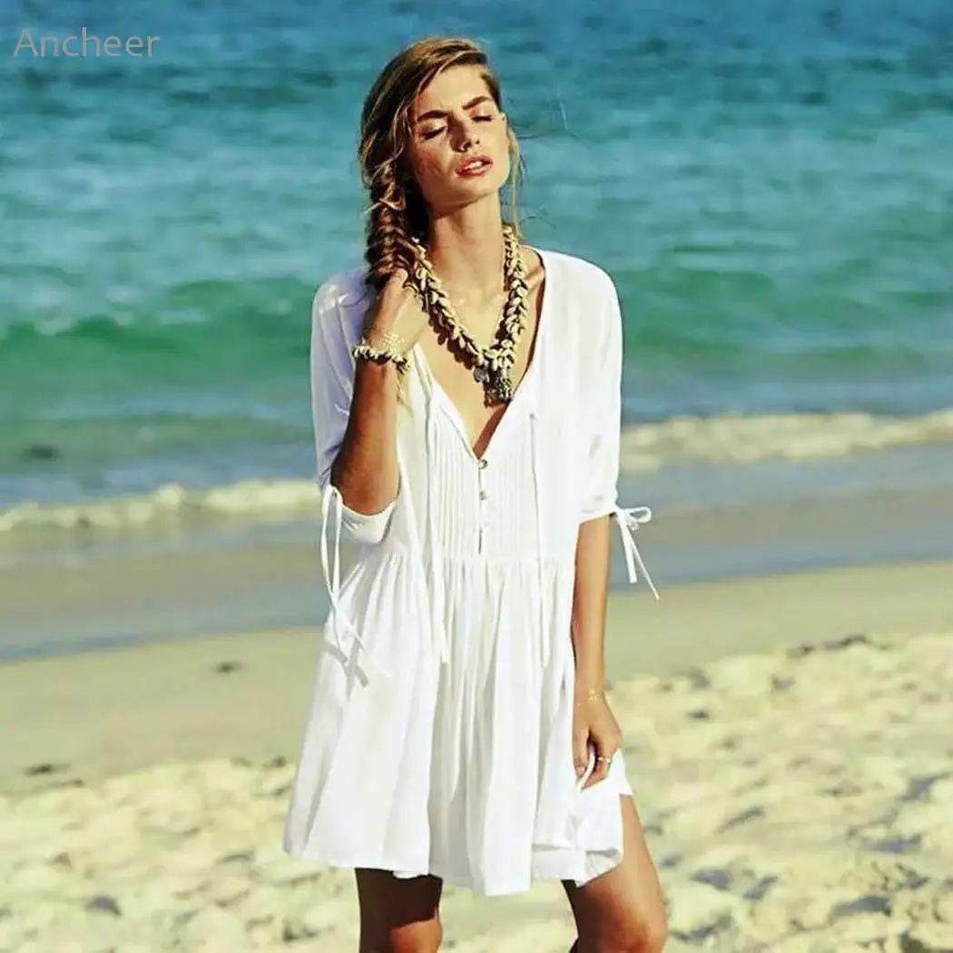 Women Summer Lace Up Cover Ups Solid Bikini Swimwear Cover Up Beach
