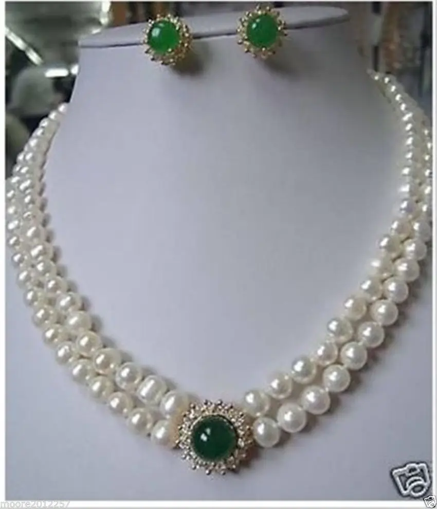 

FREE SHIPPING Noblest Authentic 8-9mm white Pearl necklace green earring set