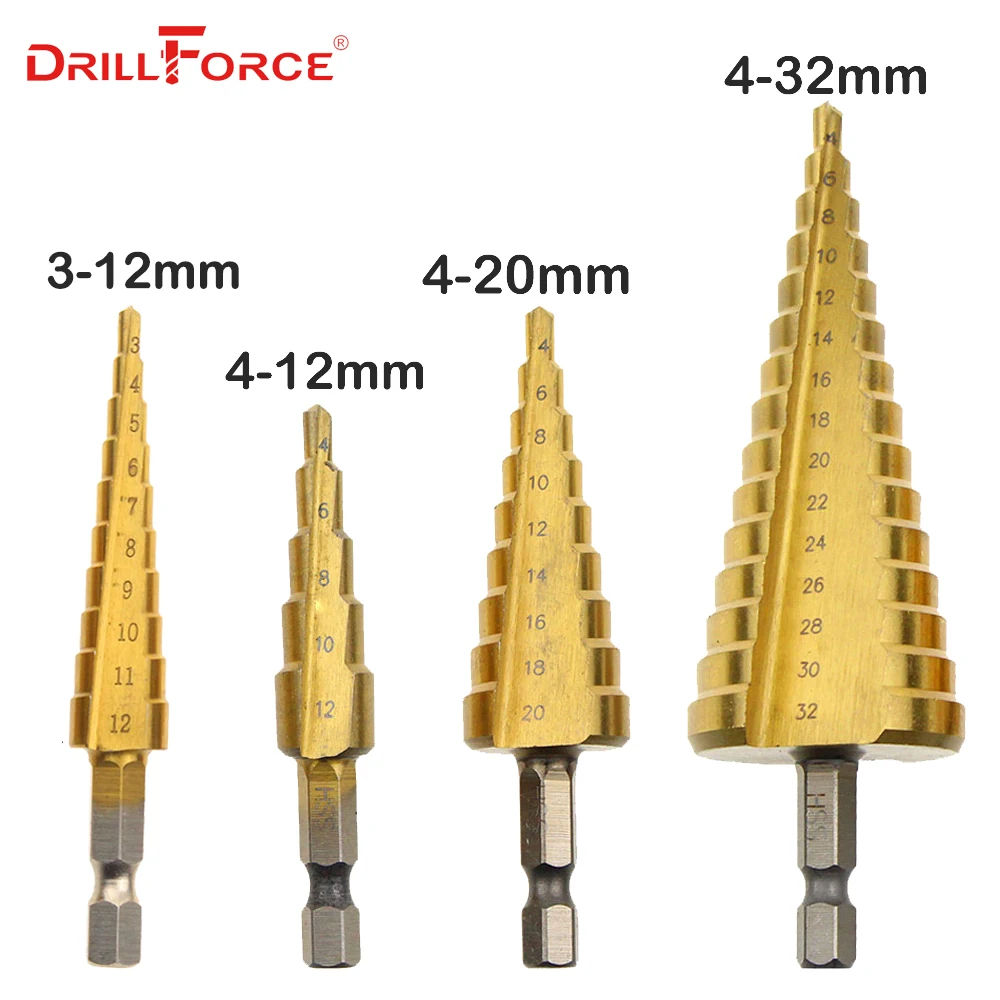 Металлические перовые сверла 3-12/4-12/20/32 мм Шаг сверло Спираль Флейта HSS Сталь конус Титан покрытием мини сверло Набор инструментов дыропробивной пресс