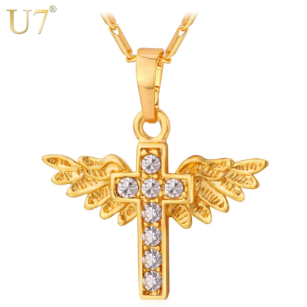 

U7 Angel Wings Cross Pendant Necklace Gold Color Crystal Christian Jewelry Christmas Gifts For Women P597