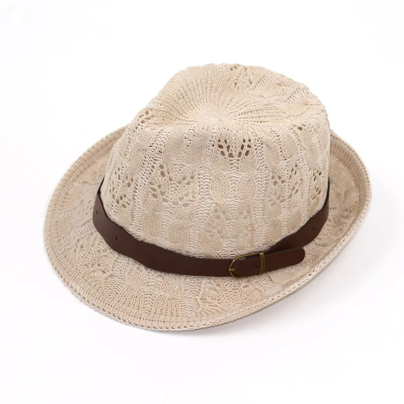 Women's Fedora Hat - Knitted Chapeau with Leather Buckle - Fashionable Autumn/Summer Sun Cap