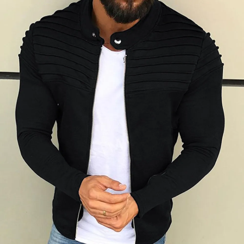 

Feitong fashion mens autumn and winter pleated shirt Slim long-sleeved solid color striped Spanish zipper shirt cota top jacket